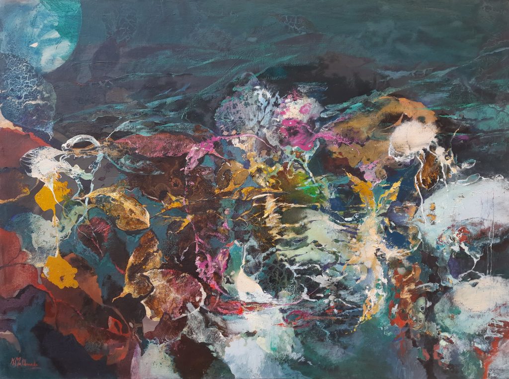 «Danza acuática», óleo, acrílico sobre lienzo · 90 × 122 cm — obra de Marta Maldonado