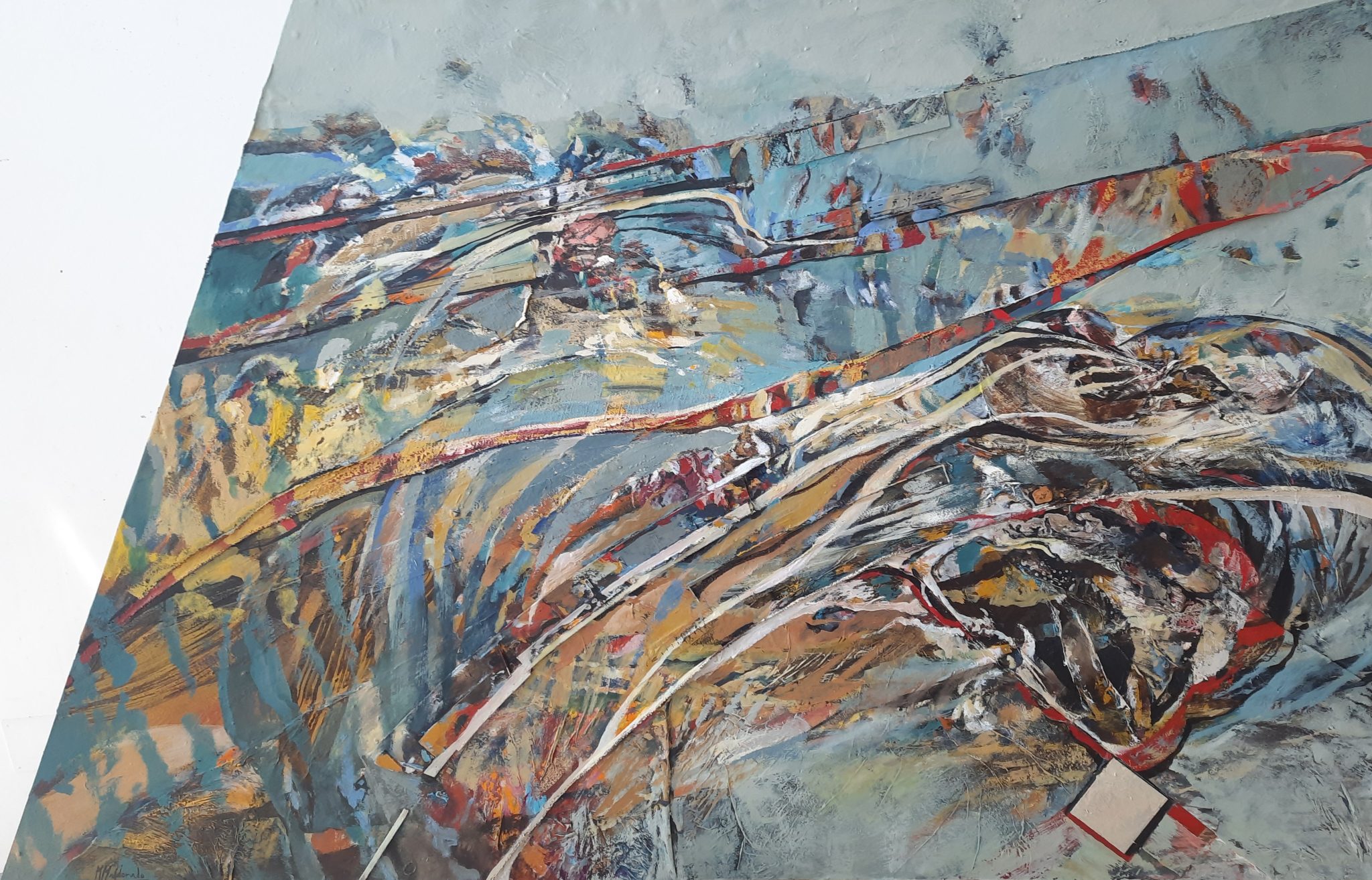 «Hacia la forma perfecta», óleo, acrílico, collage sobre madera · 115 × 180 cm — obra de Marta Maldonado