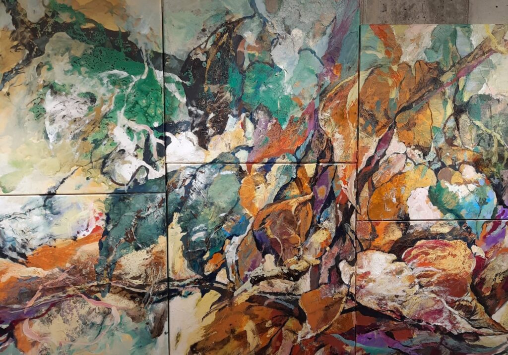 «Abarcar el límite», detalle del mural de 6 metros, óleo, acrílico y collage sobre lienzos — obra de Marta Maldonado