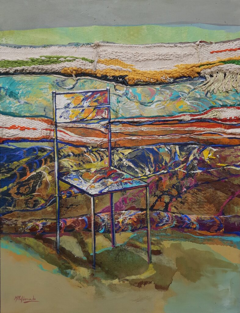 «Redes. Silla pescador I», óleo, acrílico y tapiz sobre lienzo · 116 × 89 cm — obra de Marta Maldonado