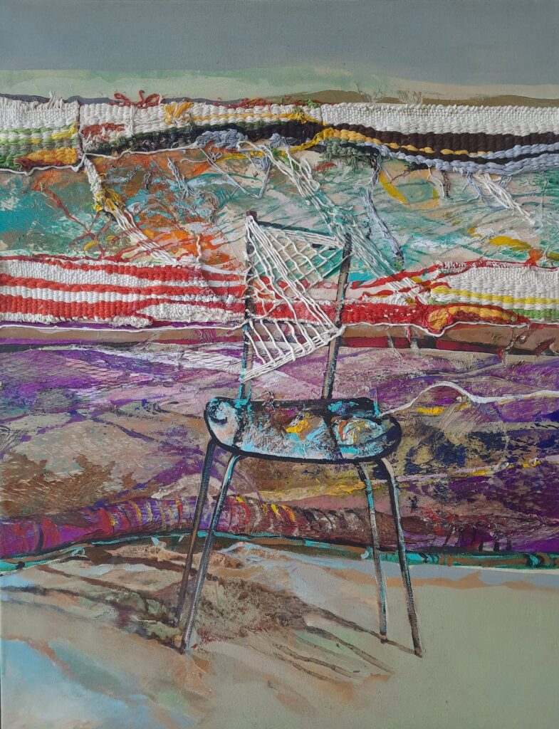 «Redes. Silla pescador II», óleo, acrílico y tapiz sobre lienzo · 116 × 89 cm — obra de Marta Maldonado